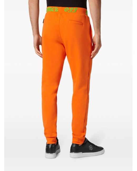 Philipp Plein Orange Skull And Bones Logo-waistband Track Pants for men