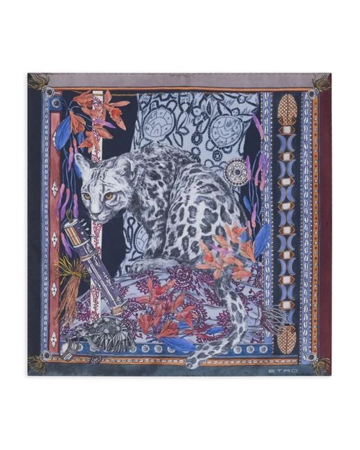 Etro Blue Silk Pocket Square With Placed Leopard Print for men