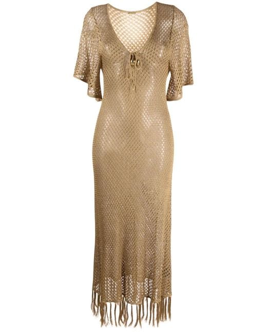 Dodo Bar Or Natural Fringed Midi Knit Dress