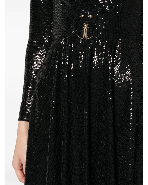 Nissa Black Sequinned Belted Midi Dress