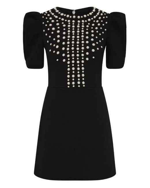 Rebecca Vallance Black Puff-Sleeve Pearl-Embellished Mini Dress