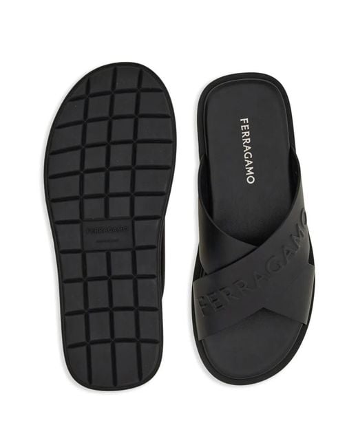 Ferragamo Black Logo Crossover Leather Slides for men