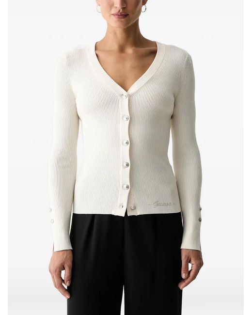 Guess White Ribbed-Knit Buttoned Cardigan