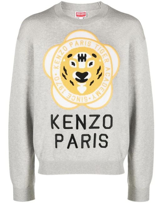 KENZO Gray Logo-Patch Wool-Cotton Jumper for men