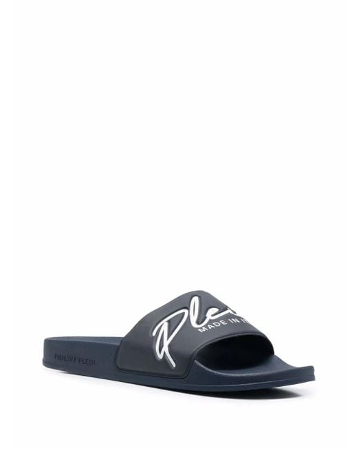 Philipp Plein Blue Embossed Logo Slides