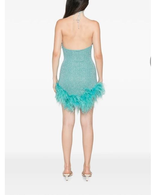 Oseree Blue Lumiere Feather-Trim Mini Dress