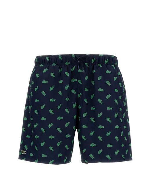 Lacoste Blue Monogram-Print Swim Shorts for men