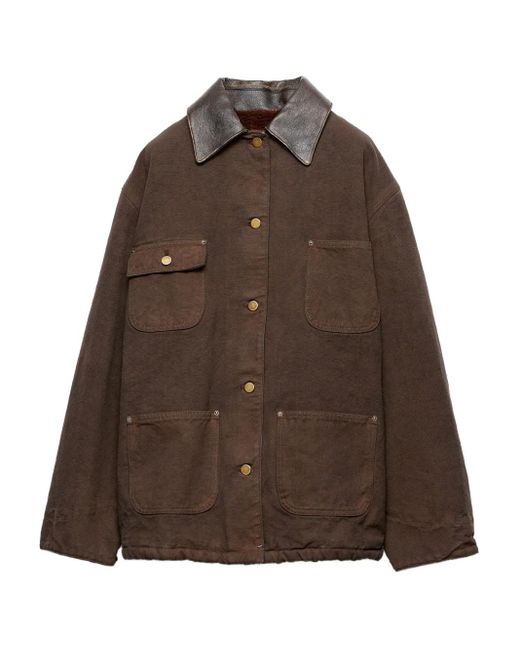 Veste En Toile À Col En Cuir Prada en coloris Brown