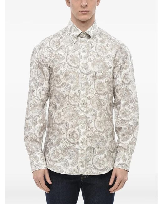 Brunello Cucinelli White Paisley-Print Button-Down Cotton Shirt for men