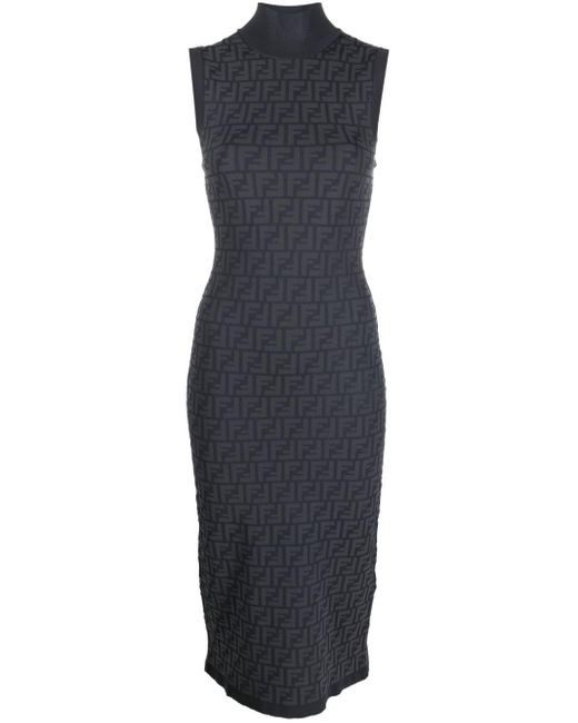 Fendi Blue Ff-intarsia Knit Ribbed-knit Midi Dress