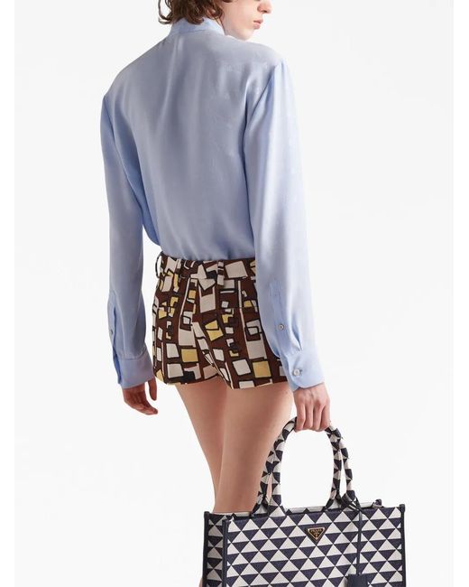 Prada Blue Jacquard Crepe-De-Chine Blouse