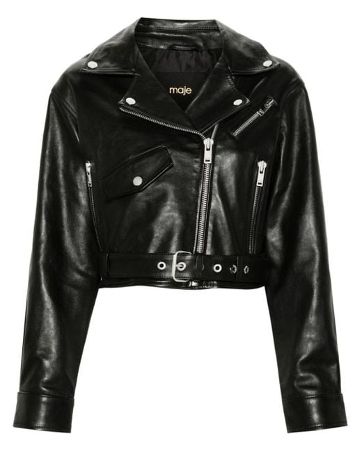 Maje Black Belted Cropped Leather Jacket