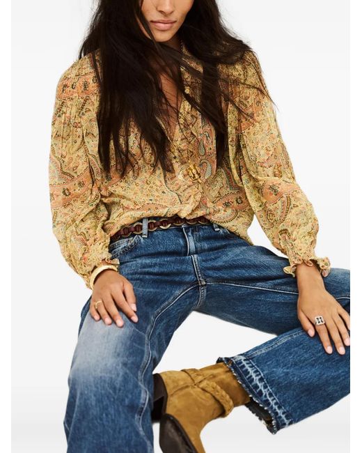 Ba&sh Yellow Cleo Paisley-Print Smocked Blouse