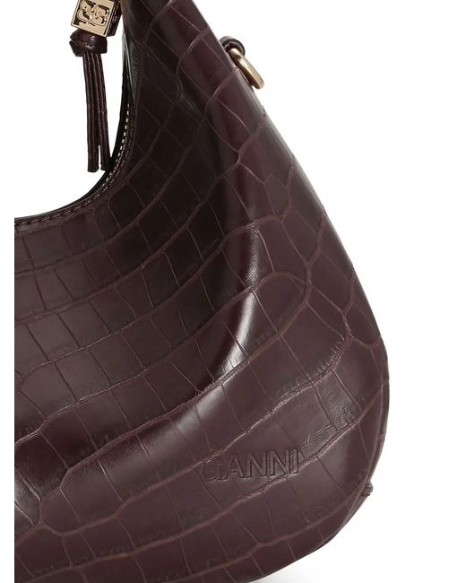 Ganni Brown Mini Croc-Embossed Leather Tote Bag