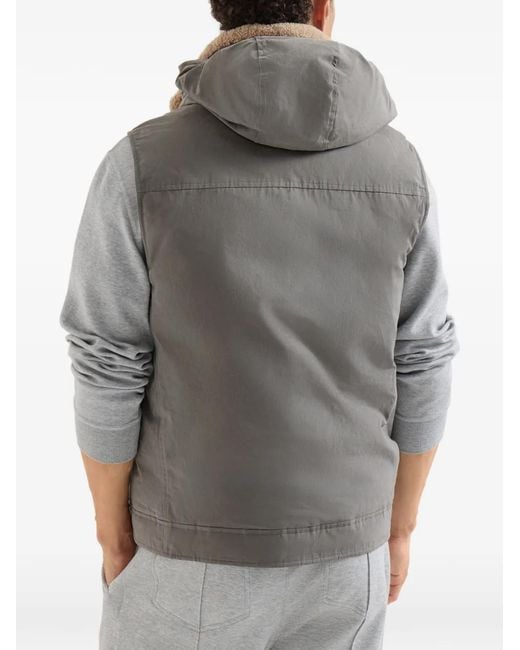 Brunello Cucinelli Gray Waxed Techno-Cotton Down Vest With Detachable Hood for men