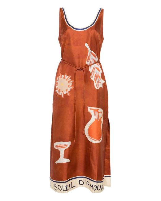 ALÉMAIS Orange Soleil D'Amour Graphic-Print Tie Midi Dress