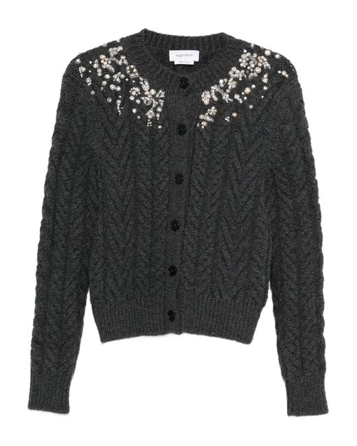 McQueen Black Crystal-Embellished Cable-Knit Cardigan