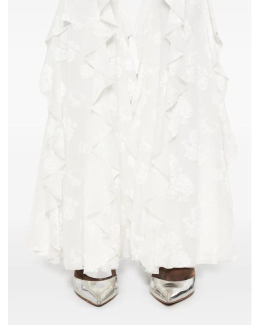 Nissa White Ruffled Mesh Trousers