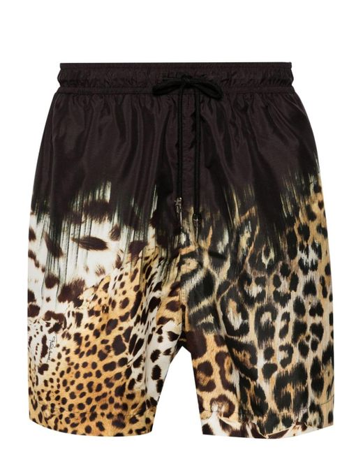 Roberto Cavalli Black Tiger Tooth-detailed Leopard-print Swim Shorts for men
