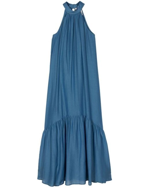 Semicouture Blue Mock-neck Maxi Muslin Dress