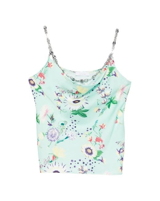 Rabanne Blue Chain-Detail Cowl-Neck Floral-Print Top