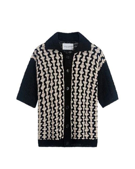 Roberto Collina Black Crochet-Knit Short-Sleeve Shirt for men