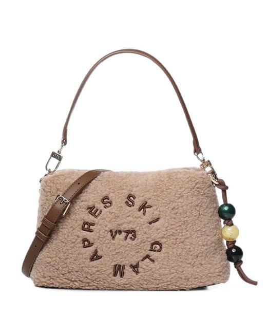 V73 Natural Teddy-Effect Embroidered Shoulder Bag