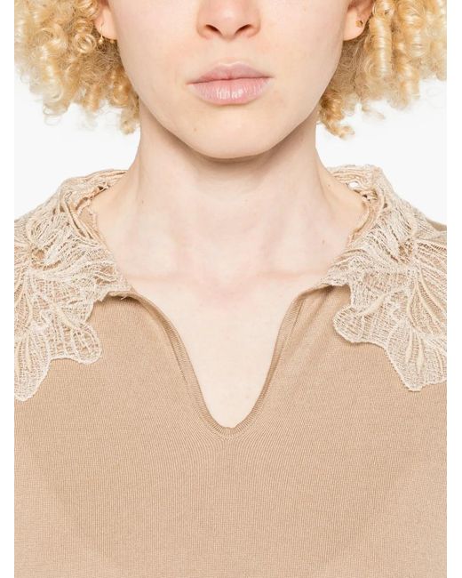Fabiana Filippi Natural Lace-Detail V-Neck T-Shirt