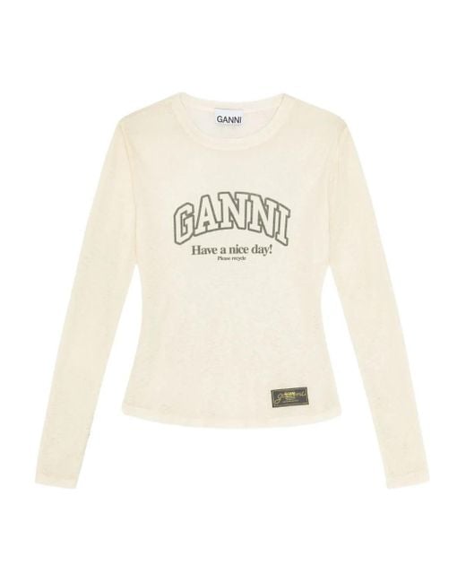Ganni White Semi-transparent Long-sleeved T-shirt With Logo