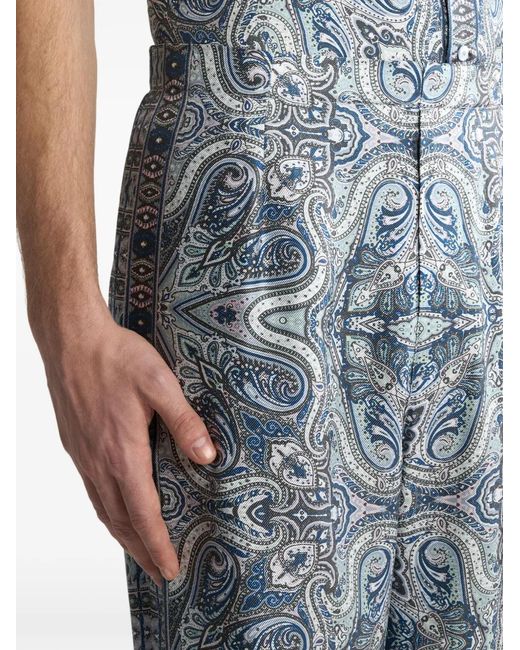 Etro Blue Silk Trousers Jacket With Placed Pocket-Square Paisley Print for men