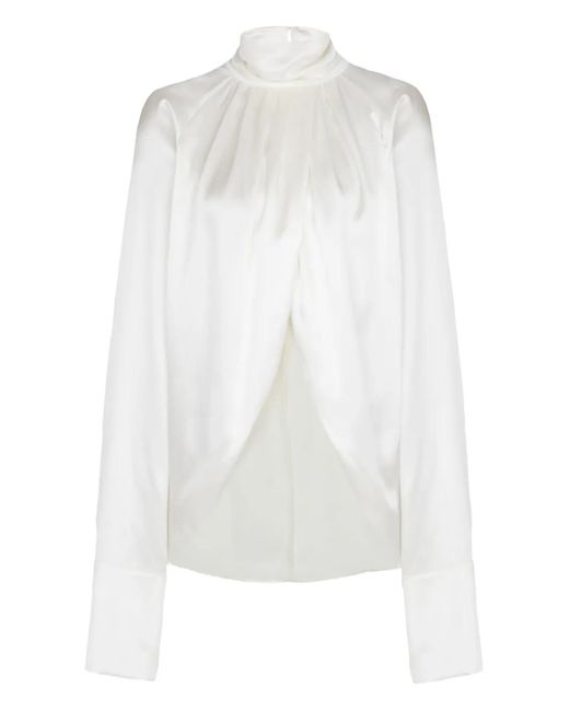 Balmain White Drapped Silk Blouse Shirt