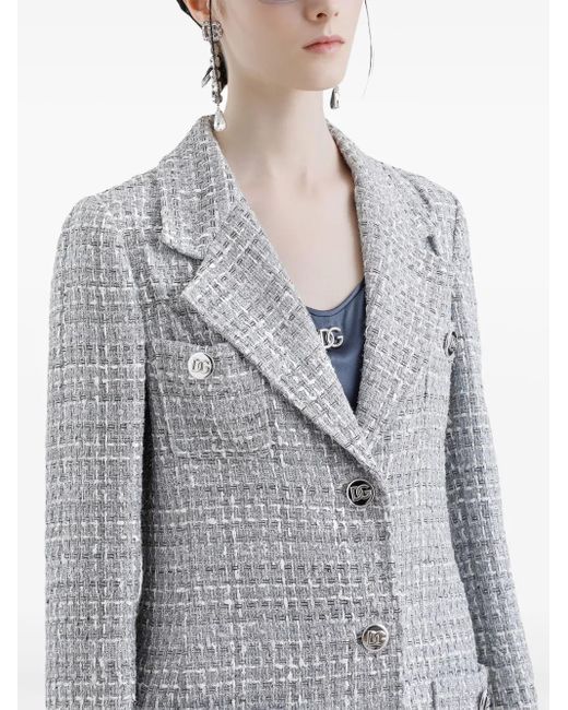 Dolce & Gabbana Gray Single-Breasted Lamé Tweed Bouclé Coat