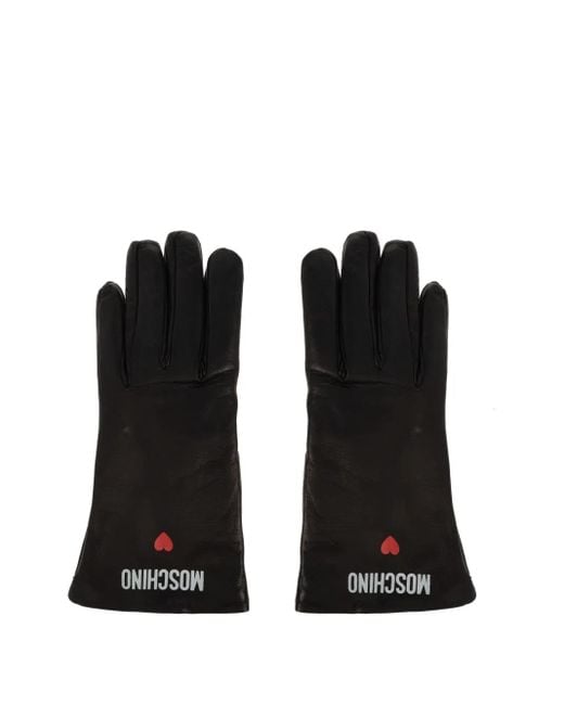 Moschino Black Logo-Heart Leather Gloves