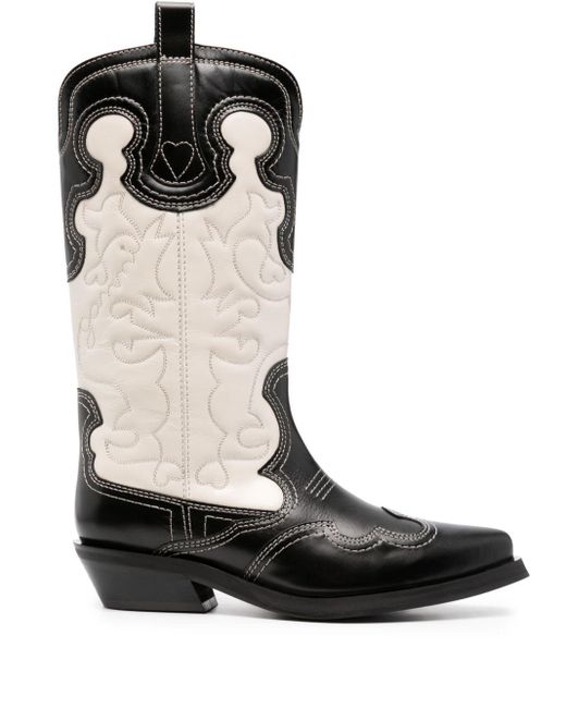 Ganni Black Embroidered Leather Western Boots