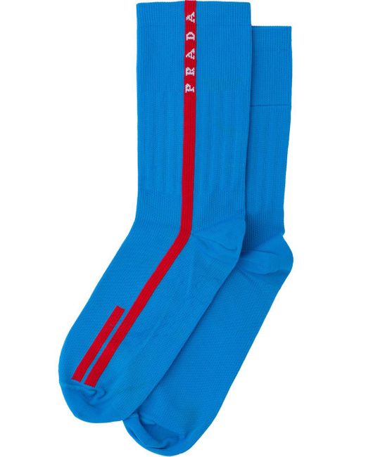 Prada Blue Intarsien-Socken mit Logo