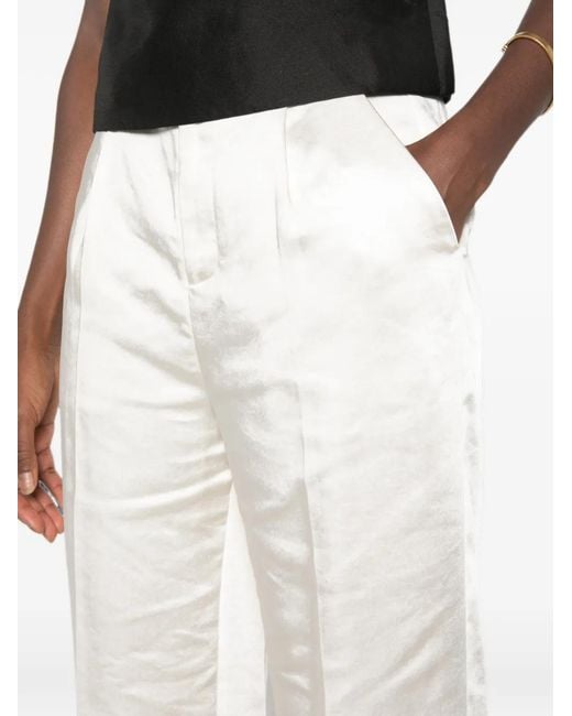 Self-Portrait White Pleated Satin-Finish Tailored Trousers