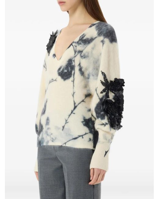 Blumarine White Floral-Print Sequin-Embellished Sweater