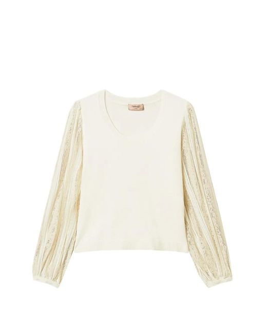 Twinset White Jumper With Lace Sleeves