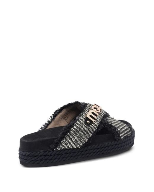 Mou Black Frayed-Strap Platform Sandals