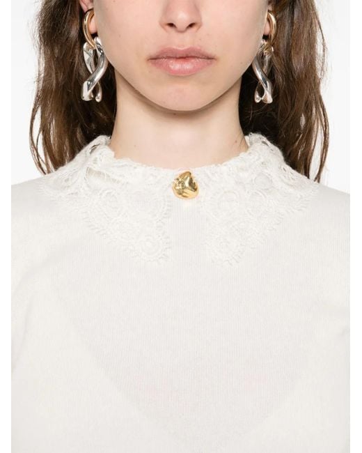 Fabiana Filippi White Short Sleeve Sweater Lace Collar Pepita Detail