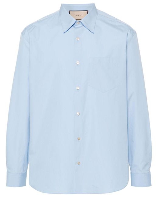 Gucci Blue Embroidered-Logo Poplin Shirt for men