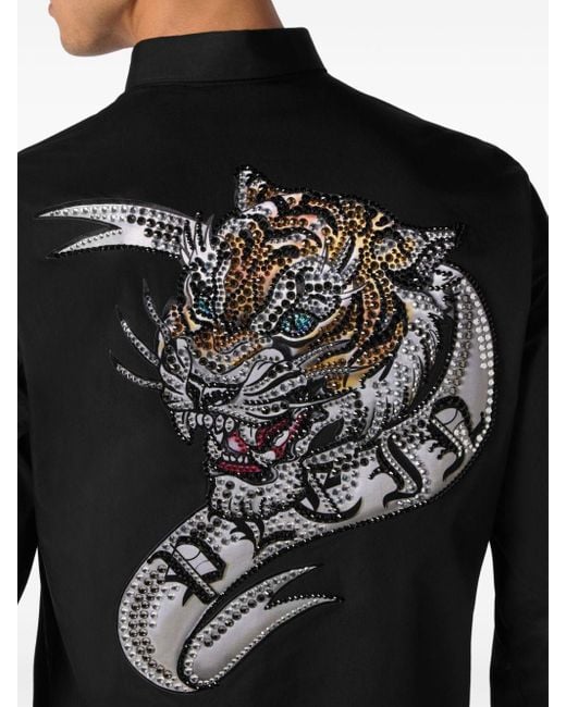 Philipp Plein Black Tiger-print Crystal-embellished Shirt for men