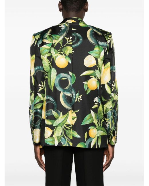 Roberto Cavalli Green Lemon-print Silk Blazer for men