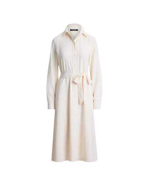 Ralph Lauren White Belted Double-Faced Georgette Midi Shirt Dress