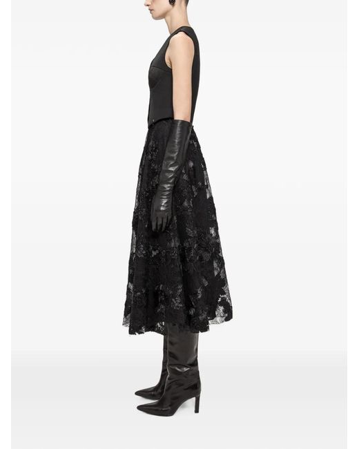 Nissa Black Floral-Embroidered A-Line Midi Skirt