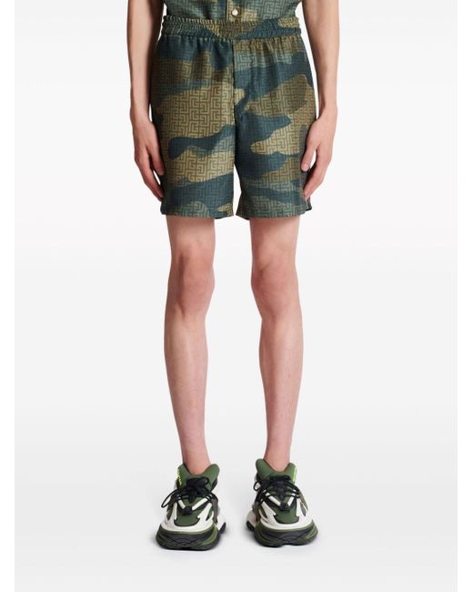 Balmain Green Camouflage Monogram-print Shorts for men