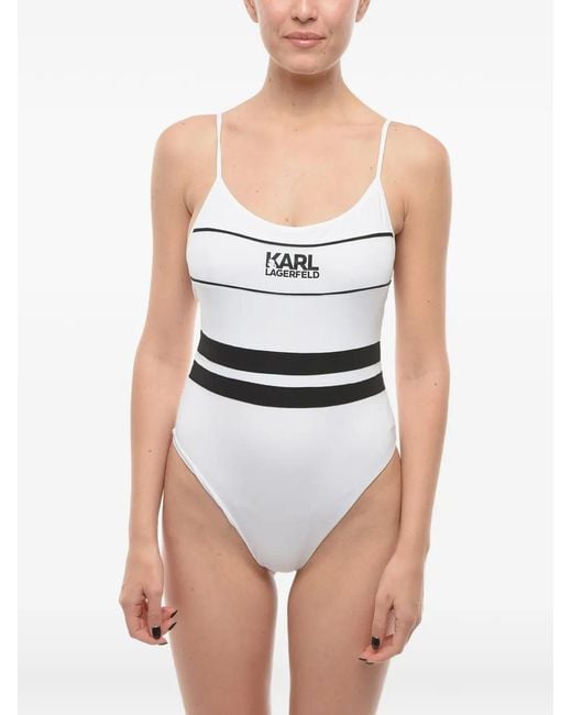 Karl Lagerfeld Blue Logo-Print Striped Swimsuit