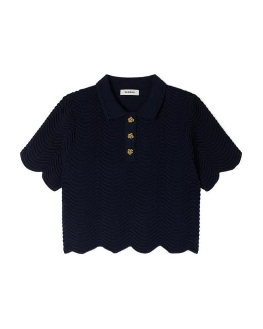 Sandro Blue Scalloped Cropped Polo Top