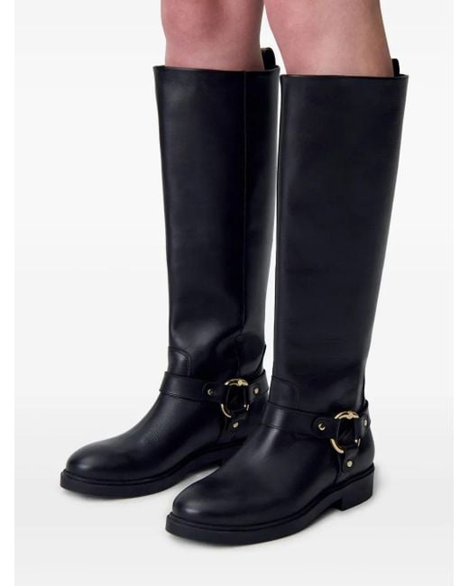 Claudie Pierlot Black Ring-Detail Leather Knee-High Boots