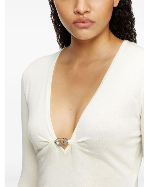 DIESEL White Long-Sleeved Top With Deep V-Neckline And Knot Detail